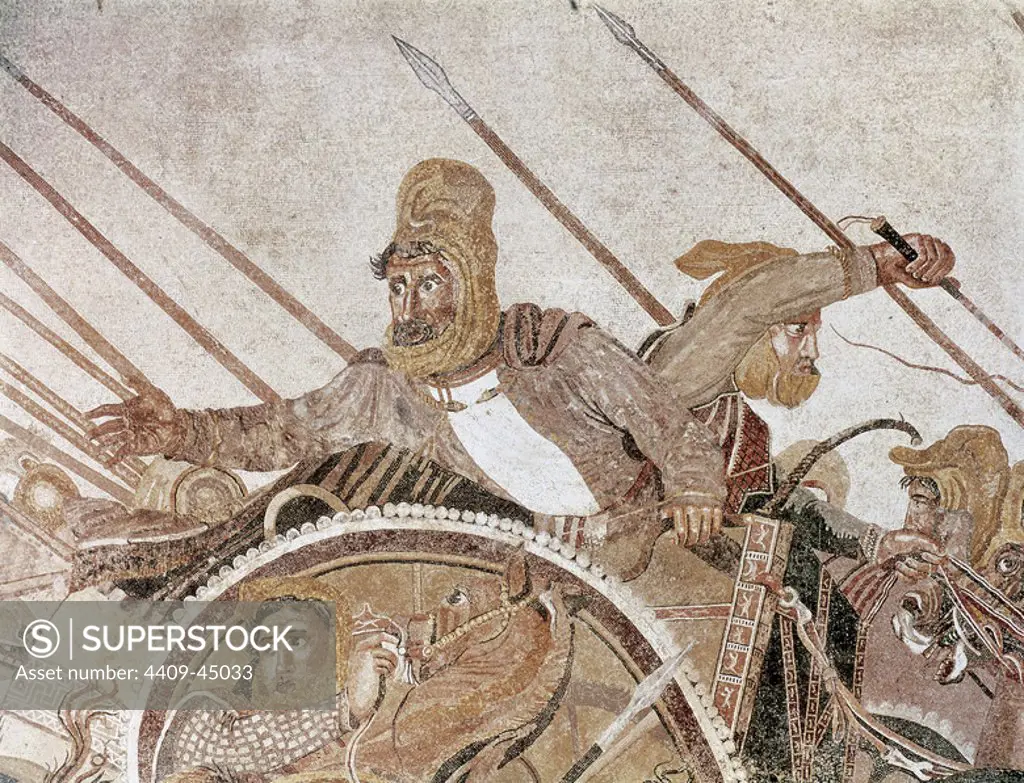 Darius III (ca. 380Ð330 BC), also known by his given name of Codomannus. Last king of the Achaemenid Empire of Persia from 336 BC to 330 BC. Detail of the king in The Alexander Mosaic (ca.100 B.C.) depicting the Batlle of Issus betwen Alexander the Great and Darius III of Persia. Naples National Archaeological Museum. Italy.