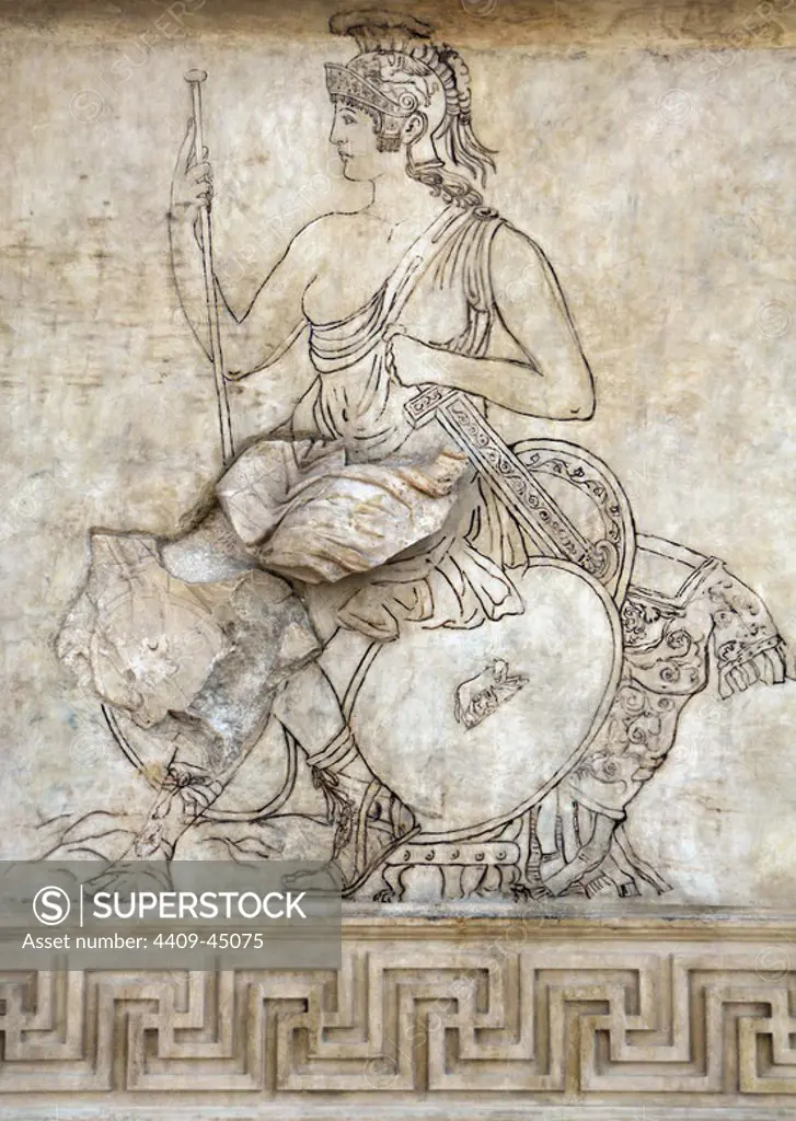 Roman Art. Italy. Ara Pacis Augustae. Dated 13th century BC. Figure of the goddess Roma, sitting on a pile of trophy weapons. Museum of the Ara Pacis. Rome. Italy.