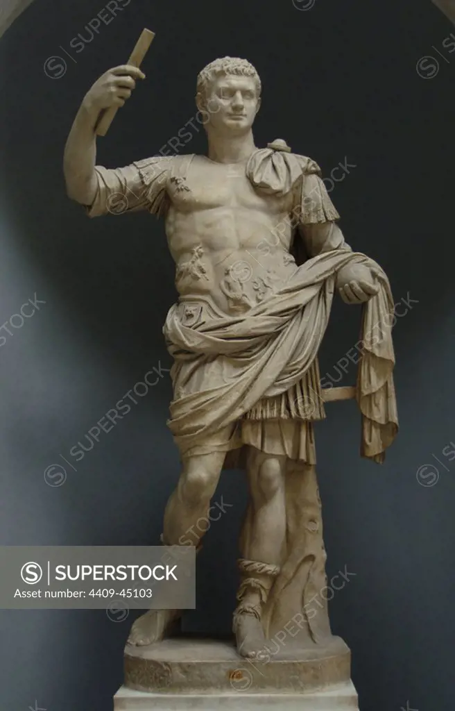Domitian (Titus Flavius Domitianus), (51-96). Roman Emperor from 81 to 96 A.C. Flavian dynasty. Statue as Emperor. Braccio Nuovo Collection., Chiaramonti Musum. Vatican Museum. Vatican City. Italy.