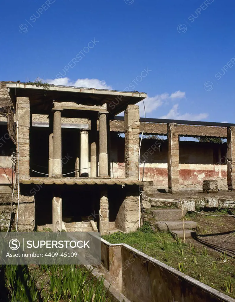 Pompeii. Ancient roman city. House of Loreio Tiburtino. Upper gallery. Italy, Campania.