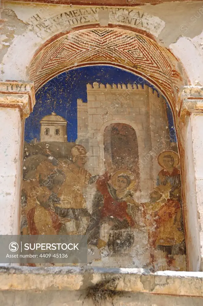 Greece. Mystras. Metropolitan Church of Saint Demetrius (Agios Dimitrios). Founded late 13th century. Painting murals. Scene life of st. Demetrius.