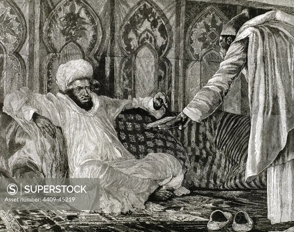 Hassan I (1836-1894). Sultan of Morocco between 1873 and 1894, member of the Alaouite dynasty. The Sultan receives a dispatch. 19 th century engraving R. Caton Woodville.