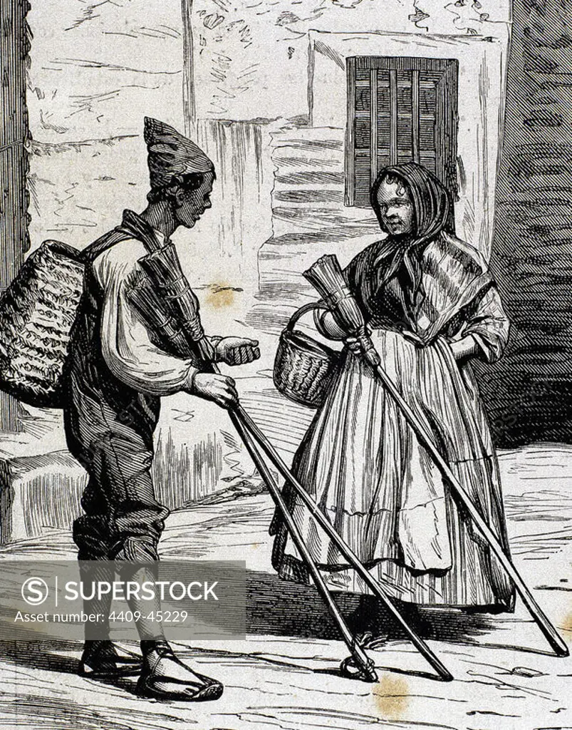 Popular types. Sellers of brooms. Valencia. Spain. Engraving in "The Spanish and American Illustration" (1872).