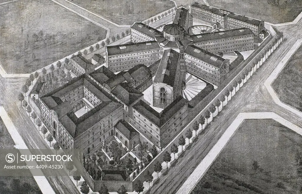 Model Prison, 1904. Projected by architects Joseph Domenech Estapa and Salvador Vin~als. Drawing by Bolet for "The Artistic Illustration, 1887.