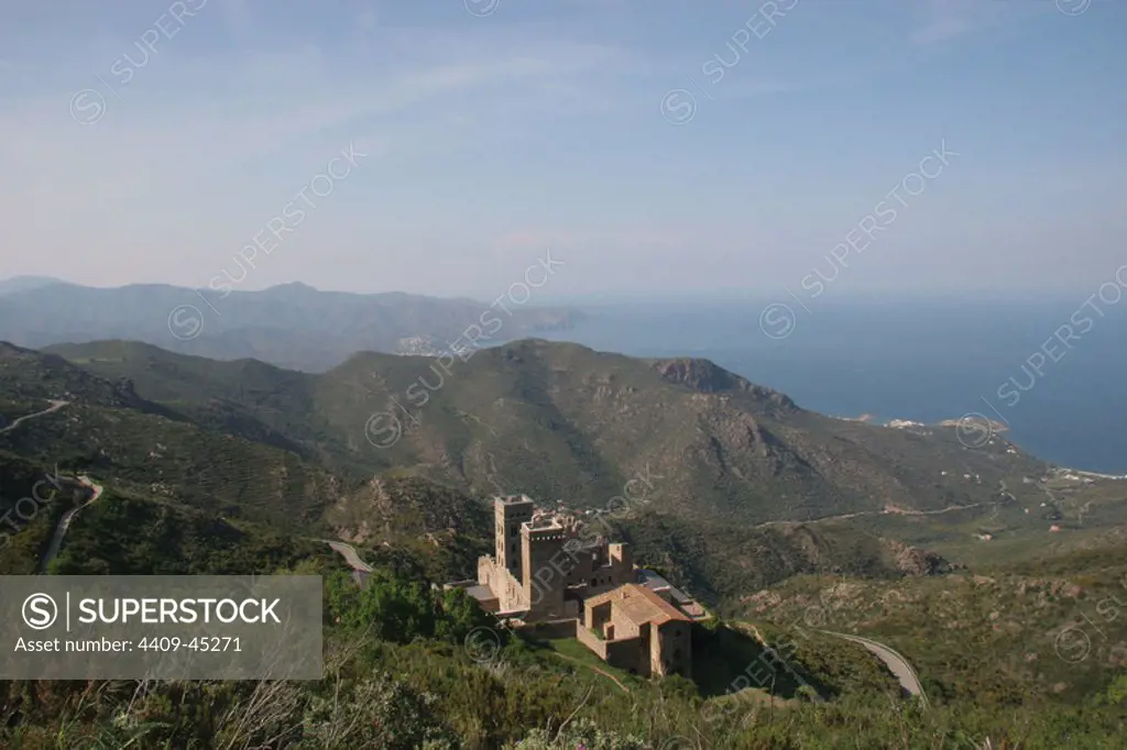 Monastery of Sant Pere de Roda (St Peter of Roses). Founded around the year 900. Benedictine monastery. The present building is dated 11th century. Panoramic view.Cap de Creus. Alt Emporda region. Girona province. Catalonia. Spain. Europe.