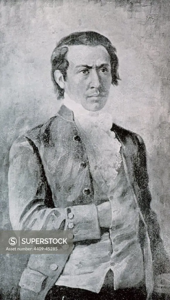 Eugenio Espejo (1747-1795). Portrait. Engraving. 18th century. Aurelio Espinosa Polit File Library. Quito. Cotocollao. Ecuador.