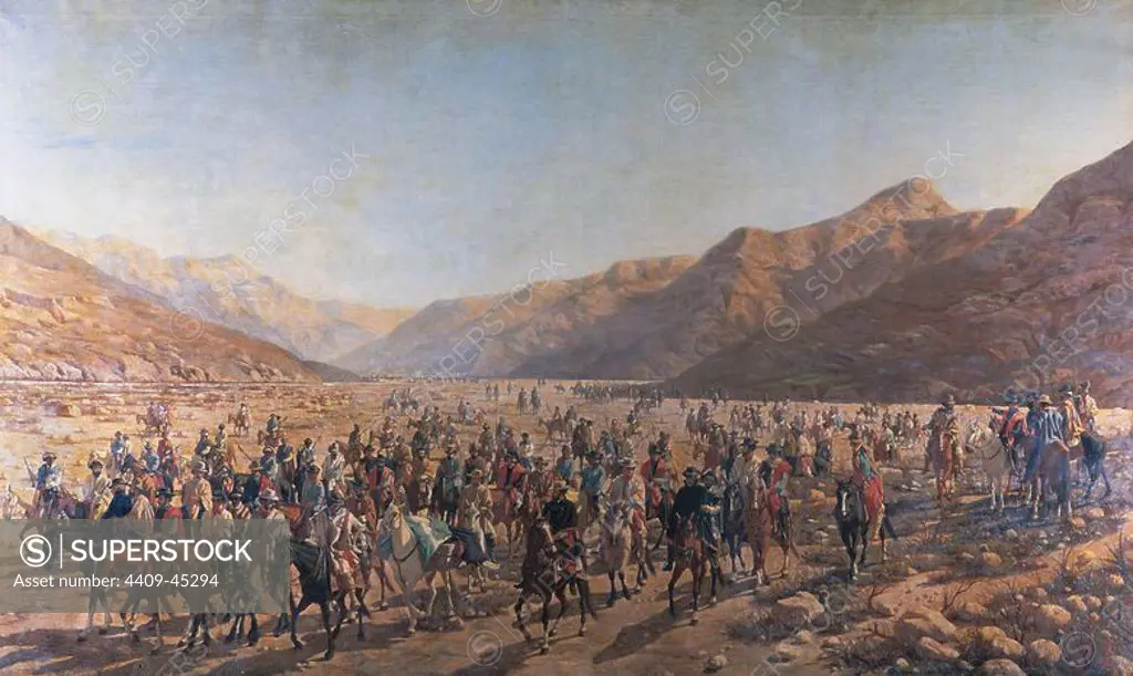 Juan Galo Lavalle (1797-1841). Argentine military and political figure. Driving the corpse of General Juan Lavalle by the Quebrada de Humahuaca, 1889. By Nicanor Blanes. The escape of Lavalle's soldiers following his assassination by federalist supporters of Rosas at San Salvador de Jujuy. National Historical Museum. Buenos Aires. Argentina.