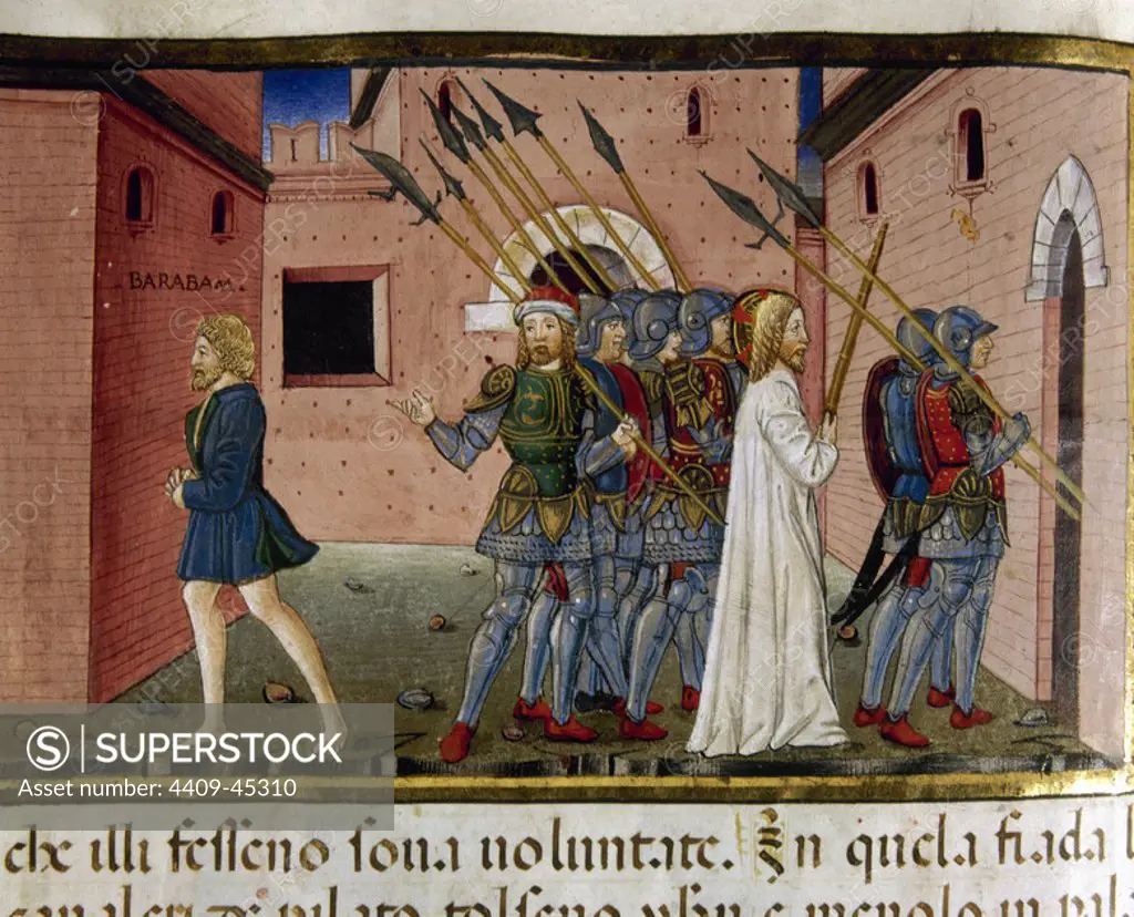 Pilate liberates Barabbas and orders Jesus is crucified. Codex of Predis (1476). Royal Library. Turin. Italy.