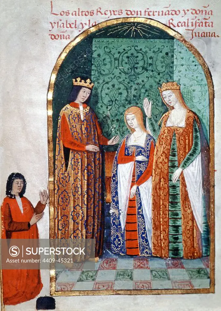 Isabella I of Castile (1451-1504), queen of Castille and Leon, Ferdinand II of Aragon (1452-1516) and their daughter Joanna of Castile(1478-1555), known as Joan the Mad. "Rimado de la conquista de Granada", by Pedro Marcuello, c. 1482.