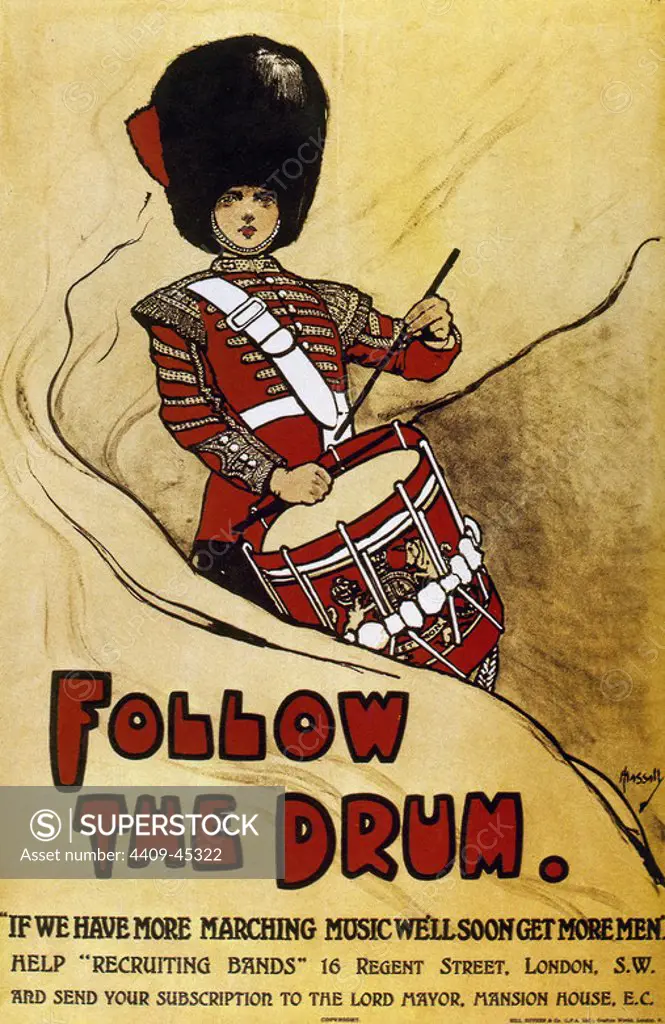 WORLD WAR (1914-1918). Poster " FOLLOW THE DRUM ", by John Hassal (1868-1948), published by the British government.