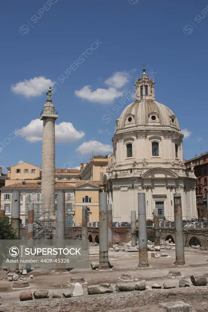 Italy. Rome. Forum of Trajan. Trajan's Column, ruins of Basilica Ulpia and Church of Santo Apostolli.