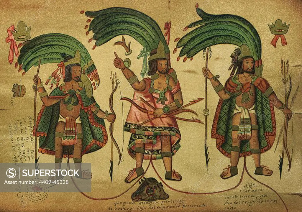 History. Precolombian. Genealogy of the house Menduza-Moctezuma. From left to right. Tezozomoc (governor of Azcapotzalco, 15th century), Quaquahpitzuac (governor of Tlatelolco, 15th century), Moctezuma. 17th-18th century. National Museum of Anthropology. Mexico.