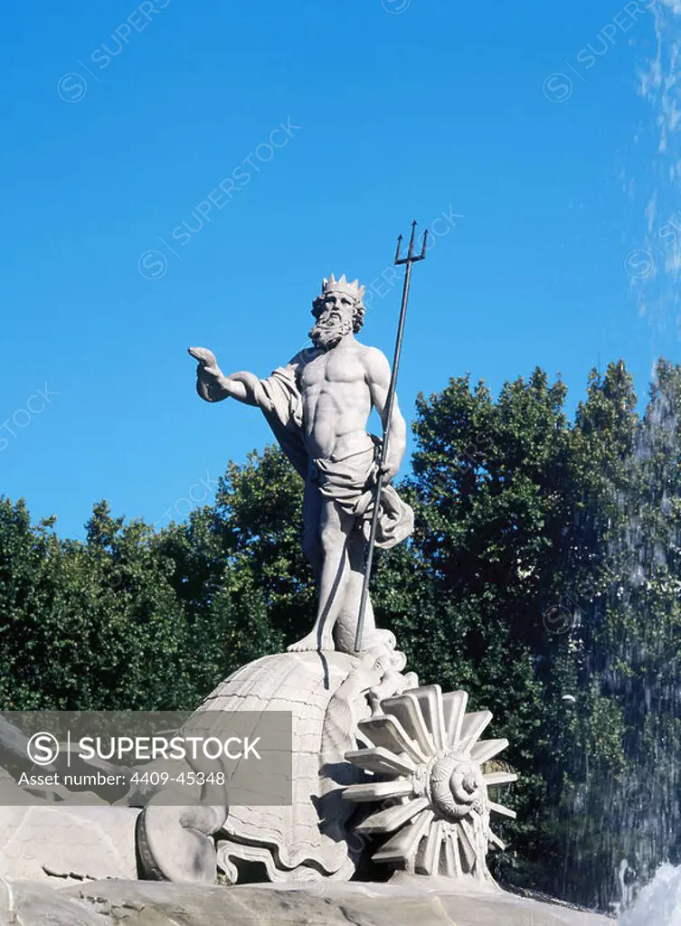 Fountain of Neptune. Designed by Ventura Rodriguez in 1782 and sculpted by Juan Pascual de Mena (1707-1784) between 1780-1784. White marble. Canovas del Castillo square. Madrid. Spain.