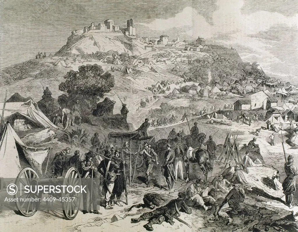 Italian unification (1859-1924). Conquest of Sicily (1860). Garibaldi goes to Palermo with the thousand volunteers called Redshirts. Camp of the troops of Garibaldi in Castrogiovanni. Engraving in "L'Illustration (1860) by M. Sutter.