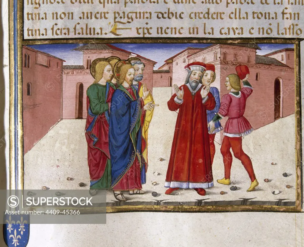 As the rabbi of the synagogue (Jairo) talks with Jesus, a man warns him that his daughter has died. Jesus calms down, go home from this and raises his daughter. Codex of Predis (1476). Royal Library. Turin. Italy.