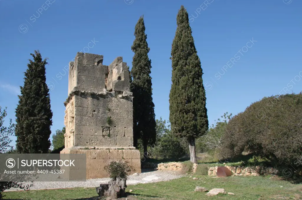 Roman Art. The Tower of the Scipions ( I century AD). Detail. High relief figure. Near Tarragona city. Catalonia. Spain.
