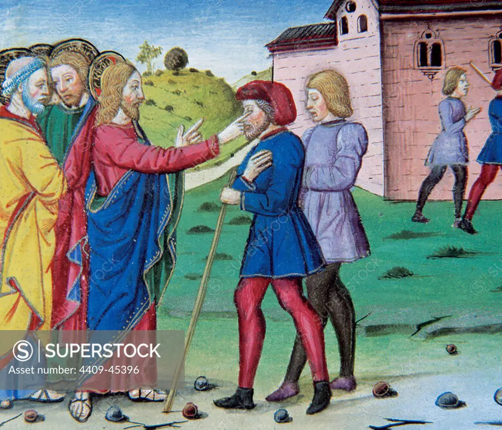 Jesus healing two blind. Codex of Predis (1476). Royal Library. Turin. Italy.