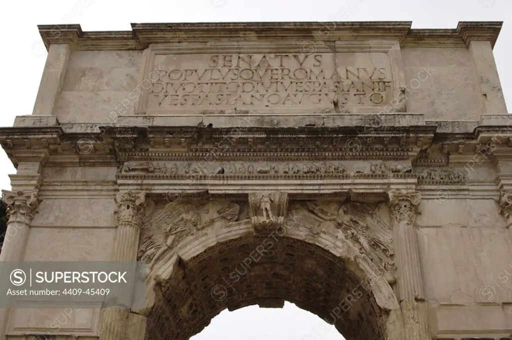 Roman Art. Arch of Titus. Erected in the year 81 to commemorate the conquest of Titus against the Jews. It features carved scenes of the conquest and subsequent destruction of Jerusalem (AD 70). Via Sacra. Roman Forum. Partial view. Rome. Italy.