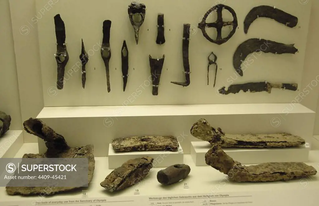 Greek Art. Greece. Iron tools of everyday use from the sanctuary of Olympia. Archaeological Museum of Olympia.