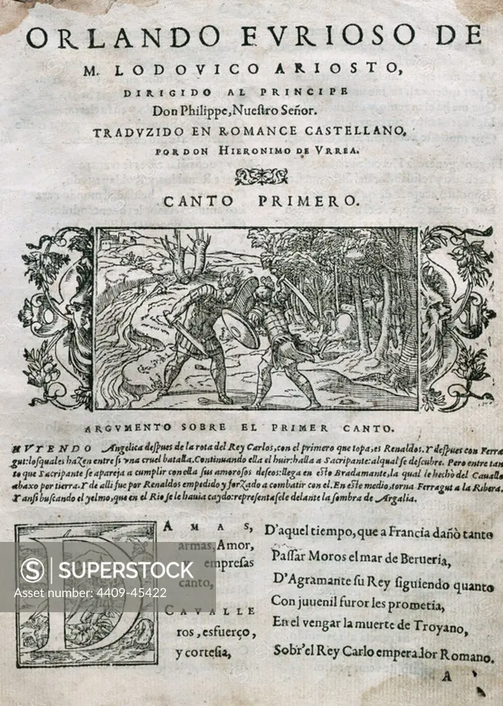 Ludovico Ariosto (1474 Ð 1533) was an Italian poet. He is best known as the author of the romance epic Orlando Furioso (1516). Book cover "Orlando Furioso, edited in Lyon (Lugdunum), 1556. First song. Library of Catalonia. Barcelona. Spain.