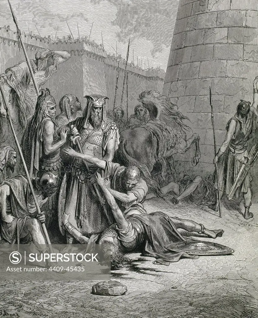 Abimelech (nineteenth century BC). Philistine king of Gerar (southern Palestine). Death of Abimelech. Engraving by E. Goebel on an illustration by Gustave Dore´ (1833-1883) for "The Bible in Pictures.".