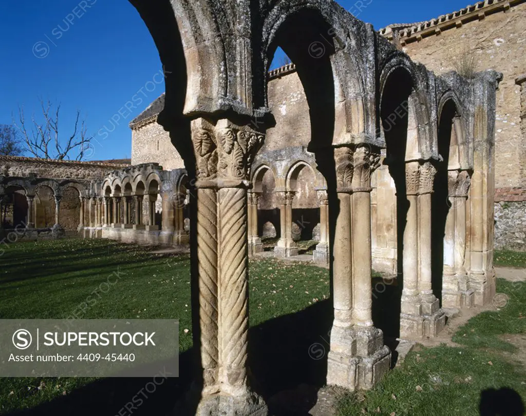 Romanesque Art. San Juan de Duero. View of the cloister. XIII century. It contains elements of Romanesque, Gothic, Mudejar style and oriental influences. It was declared a National Monument in 1882. Soria. Castile and Leon. Spain.