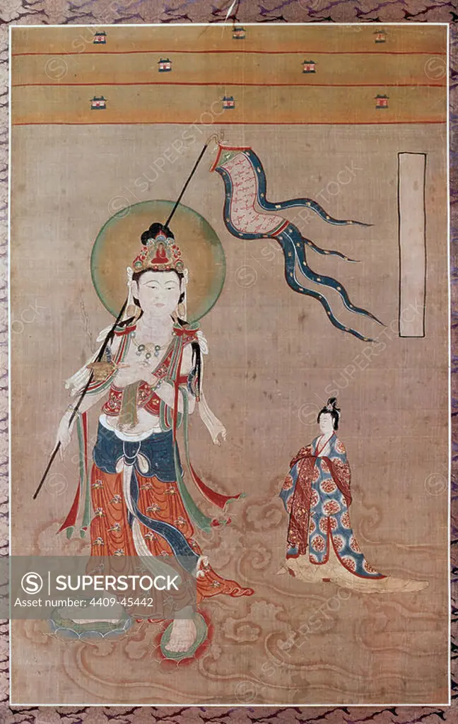 Chinese Art. 10th century. Guanyin guiding a soul as an Oriental version of the myth of Charon. It is probably a copy made in the Ming period of another painting of the Tang period disappeared.
