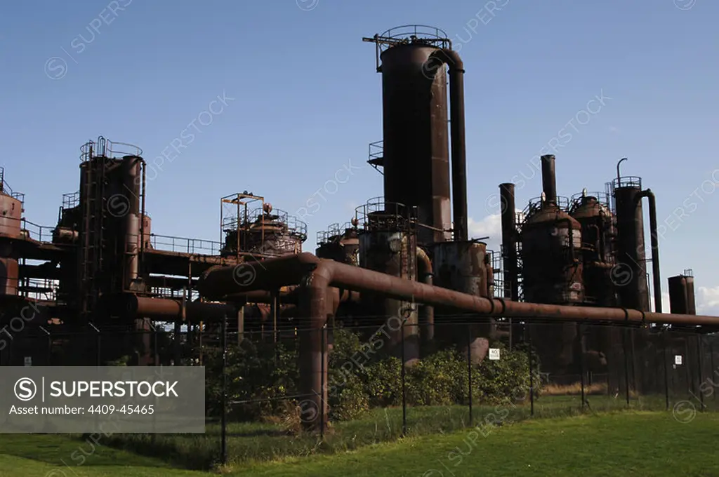GAS WORKS PARK. Vista de los restos de la antigua fábrica de gas, en cuyos terrenos se sitúa el parque. Seattle. Estado de Washington. Estados Unidos.