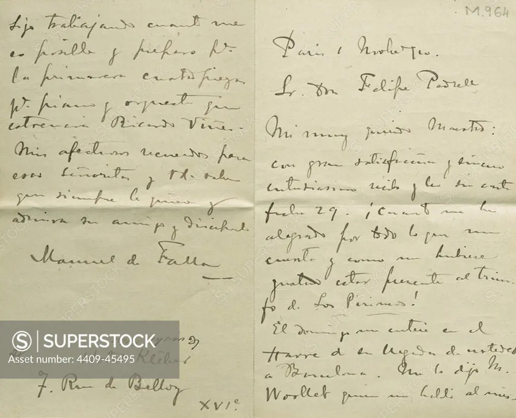Correspondence between the Andalusian composer Manuel de Falla (1876-1946) and the Catalan composer Felipe Pedrell (1841-1922), during the stay of Falla in Paris in 1913. Library of Catalonia. Barcelona, Catalonia, Spain.