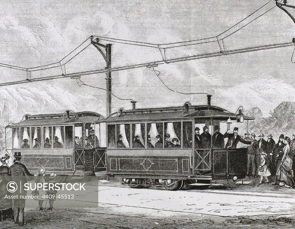 Electric streetcar. Nineteenth-century engraving.
