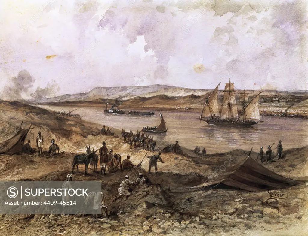 Suez Canal. Egypt. Opened in November 1869. Watercolor by Riou. Compiegne Castle. France.