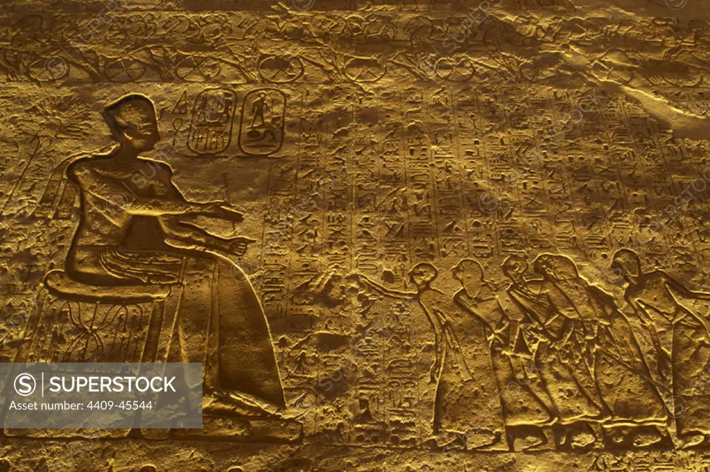 Egyptian art. Great Temple of Ramses II. 19th Dynasty. The pharaoh Ramses II seated in the throne. New Kingdom. Abu Simbel. Egypt.