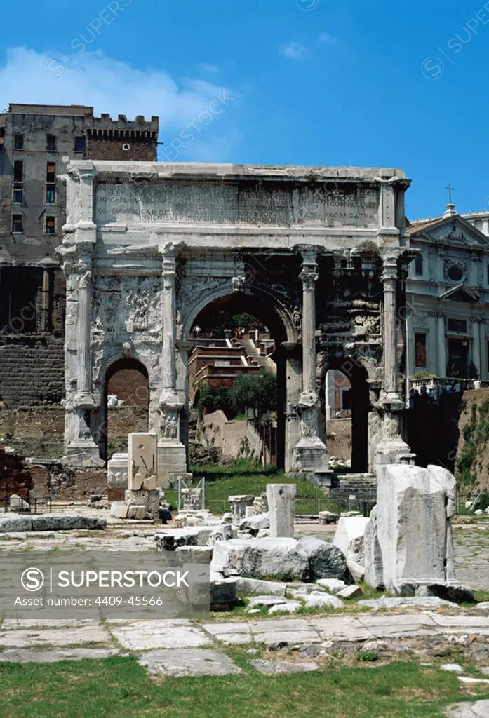 Italy. Rome. Arch of Septimius Severus. Triumphal arch dedicated in AD 203 to commemorate the Parthian victories of Emperor Septimius Severus and his two sons, Caracalla and Geta. Roman Forum.