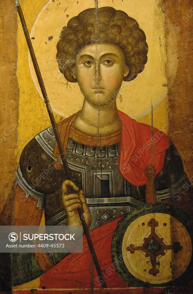 BYZANTINE ART. GREECE. Icon with Saint George made by the workshop of Constantinople. Dated at XIV century. Byzantine Museum. Athens.