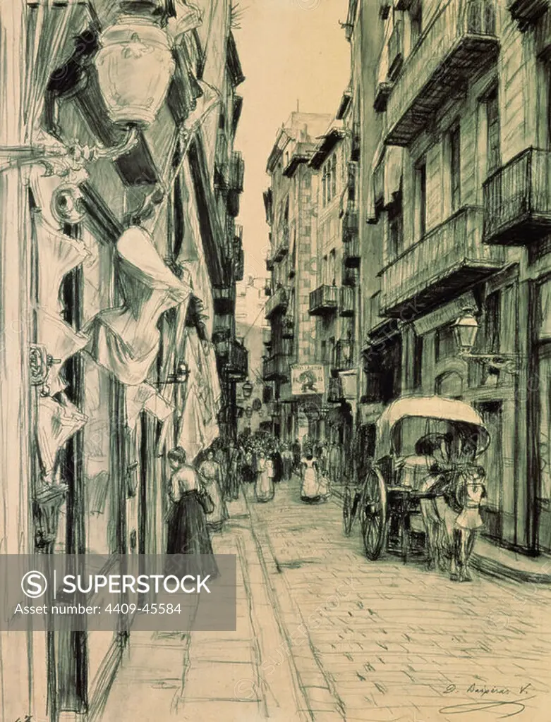 Spain. Barcelona. 19th century. Drawing by Dionis Baixeras Verdaguer (1862-1943) depicting the Boria Street, towards the Llana Square. La Ribera neighborhood.