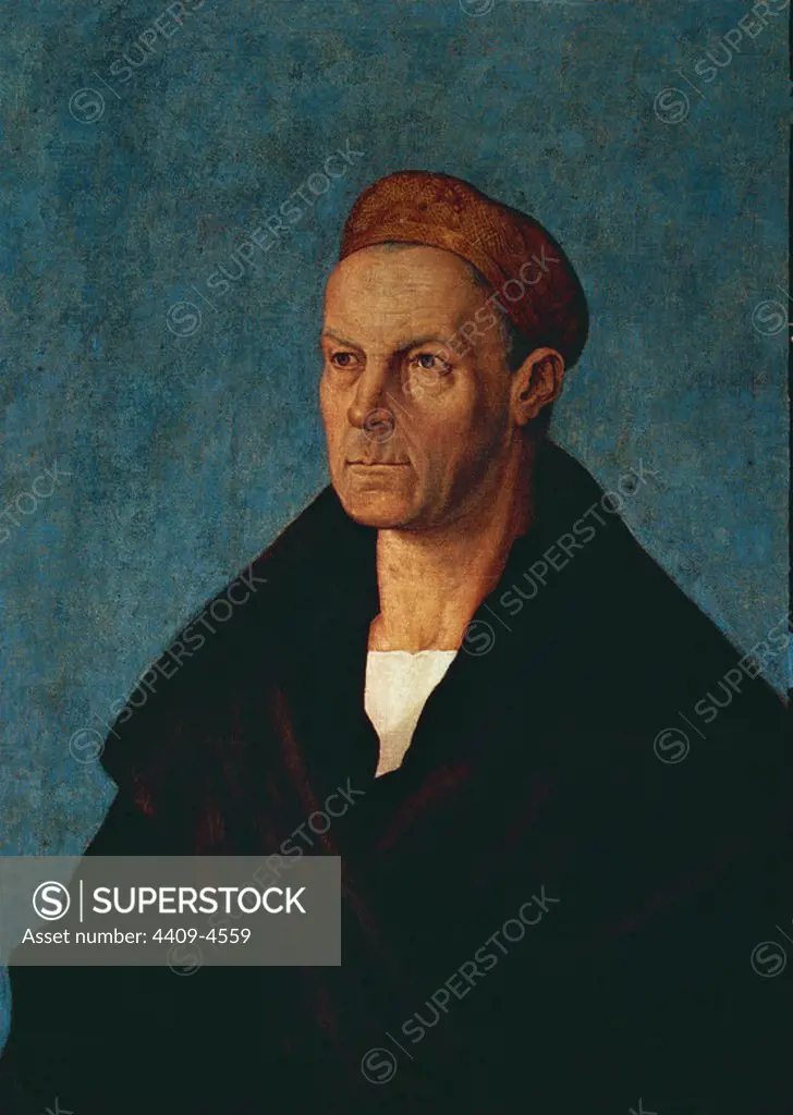'Jakob Fugger', ca. 1518, Tempera on canvas, 68 x 52 cm. Author: ALBERTO DURERO-ALBRECHT DÜRER. Location: PRIVATE COLLECTION. MUNICH. GERMANY. FUGGER JACOB. FUCA JACABO.
