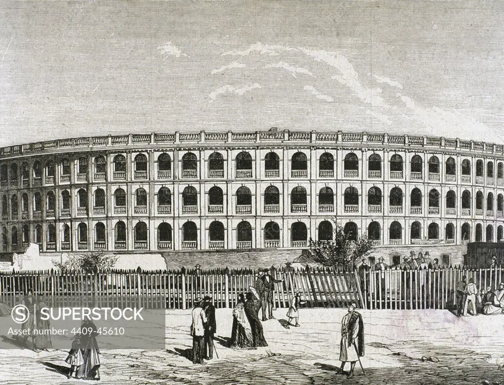 History. 19th century. Spain. Valencia. Bullring. Engraving at "The Spanish and American Illustration" (1872).