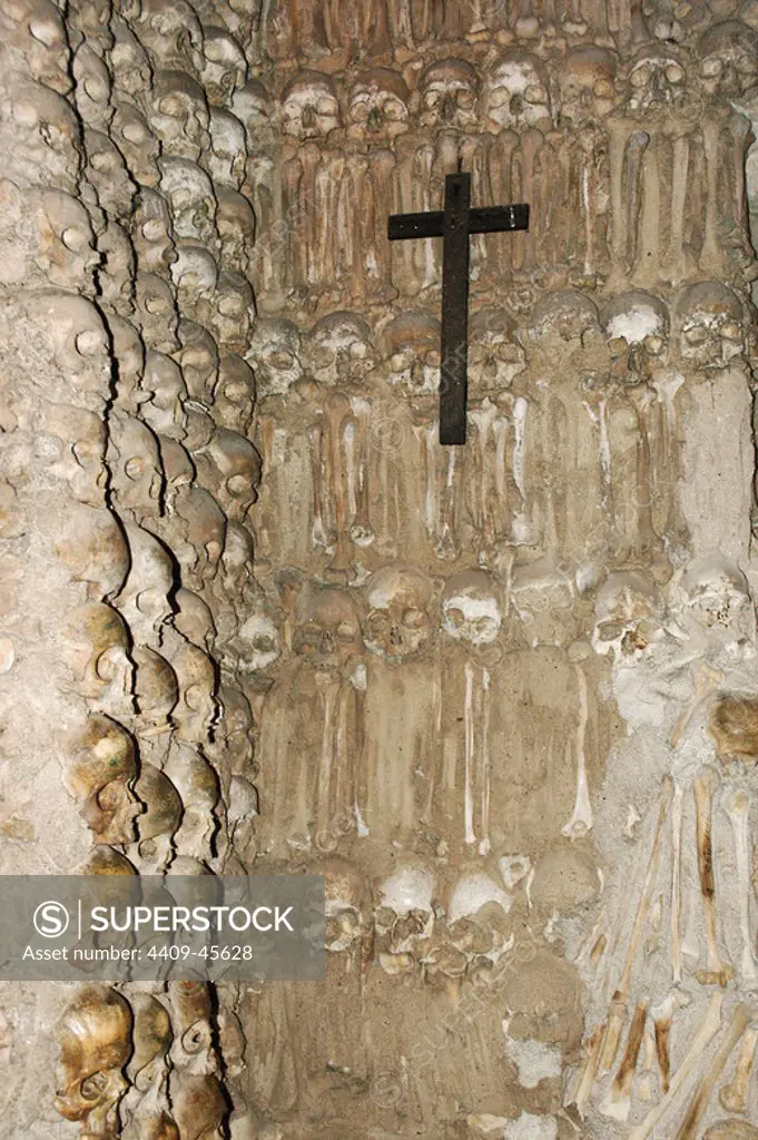 Portugal. Evora. Chapel of Bones. Chapel located next to the entrance of the Church of St. Francis. The interior walls are covered with human skulls and bones.16th century.