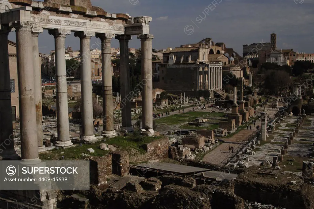 Italy. Rome. Roman Forum. Temple of Saturn. Built in 497 BC. Front porch.