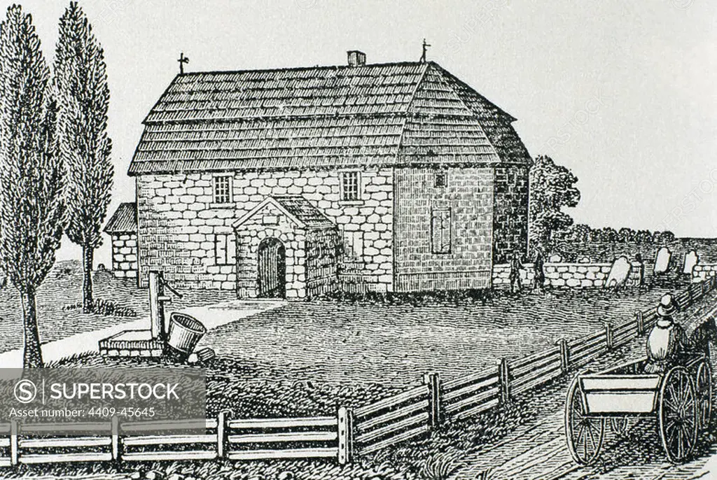 Lutheran Church. Built in 1743. Trappe. United States. Nineteenth-century engraving.