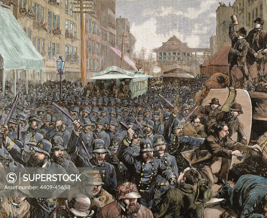 Police officers dispersing the strike of employees of Streetcar in New York, March 4, 1886. Colored engraving.