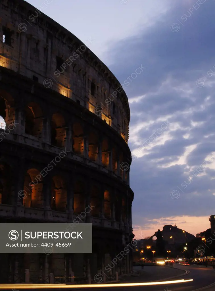 Italy. Rome. The Colosseum (Coliseum) or Flavian Amphitheatre. Elliptical construction built of concrete and stone. 1st century A.C. Nocturnal view.