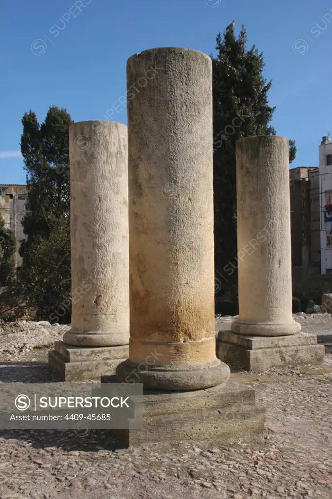 Spain. Tarragona. Roman Forum. 2nd century B.C.. Corinthian columns of porch square. Tarragona city. Catalonia. Spain.