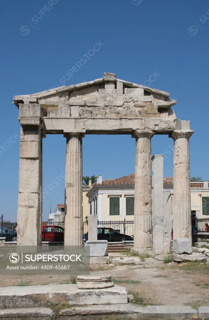 Roman Art. Roman Agora. Remains of the gate into the Roman Forum. Athens. Central Greece. Attica. Europe.