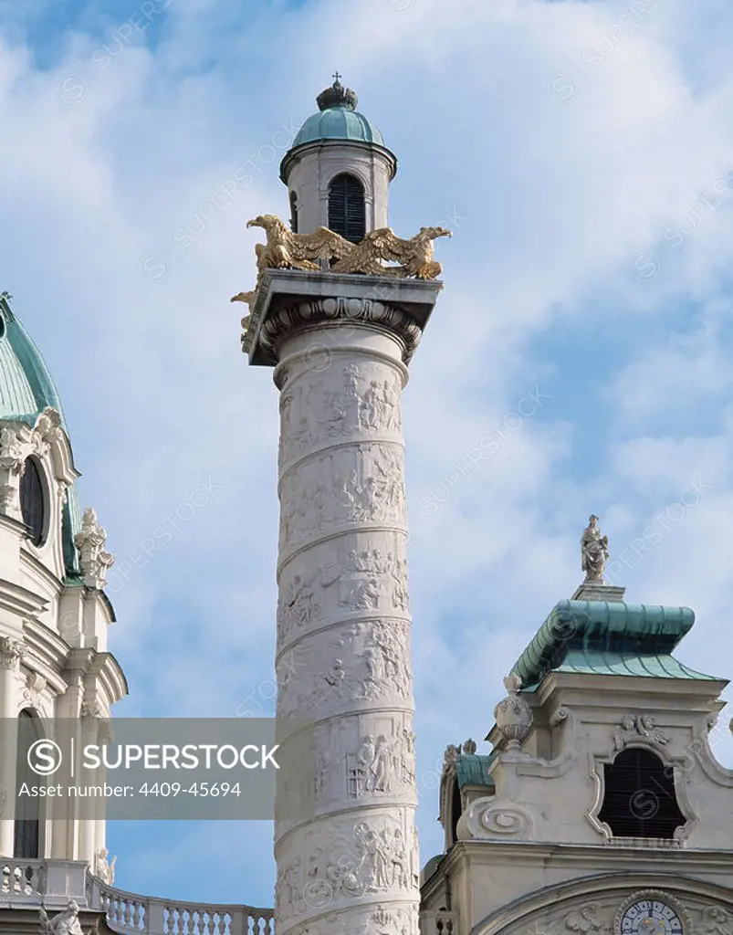 Baroque Art. Karlskirche or Church of St. Charles Borromeo (1716-1737). Column on the right side of the church, decorated with spirals and depicting scenes from the life of St. Charles Borromeo. Vienna. Austria.