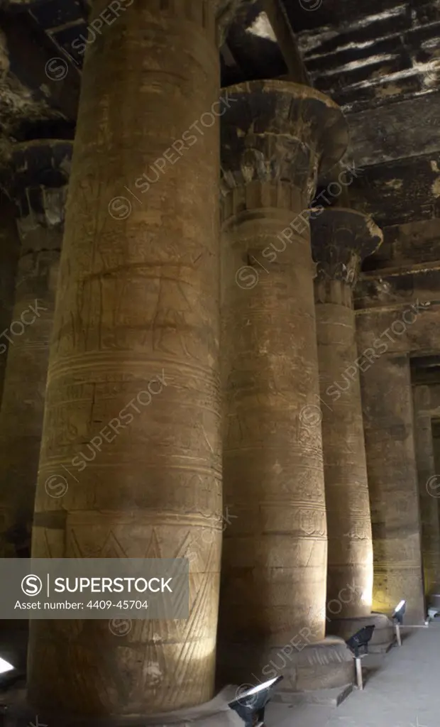 Egypt. Temple of Edfu. Ancient temple dedicated to Horus. Ptolemaic period. It was built during the reign of Ptolemy III and Ptolemy XII, 237-57 BC. The Second Hypostyle Hall. View of columns.