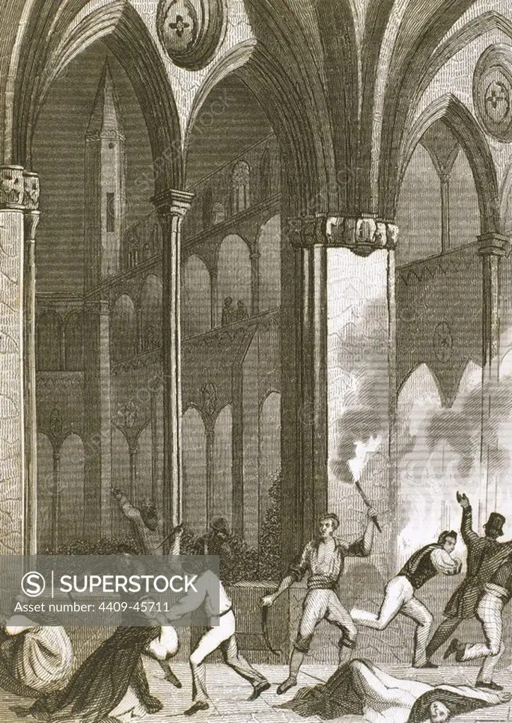 Fire in the Convent of Saint Catherine in 1835. Barcelona. Catalonia. Spain. Nineteenth-century engraving.