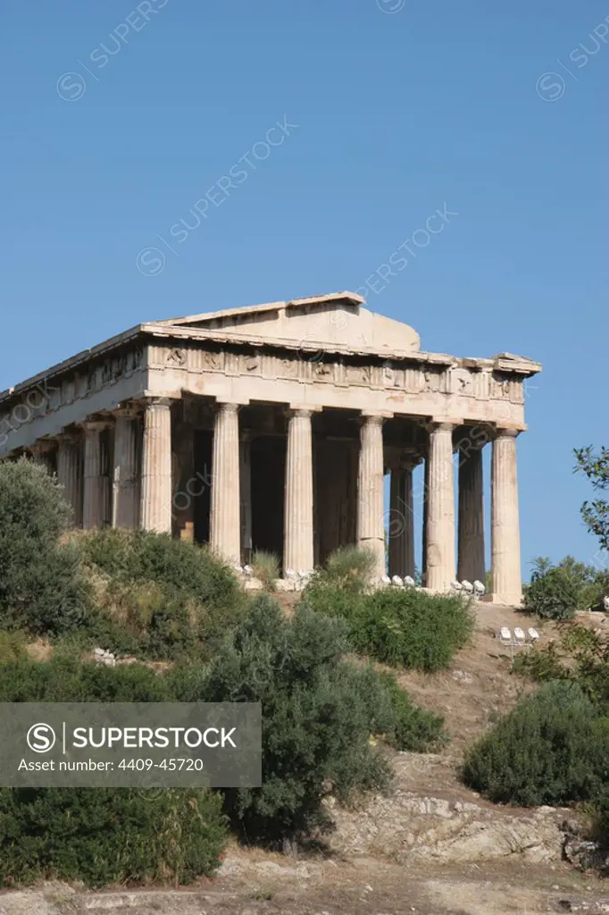 Greek Art. Temple of Hephaestus or Theseion. The doric temple, which stands at the western end of the Agora, on the hill of Agoraios Kolonos. Erected by the architect Ictinos (449-415 B.C.). Agora of Athens. Attica. Greece. Europe.