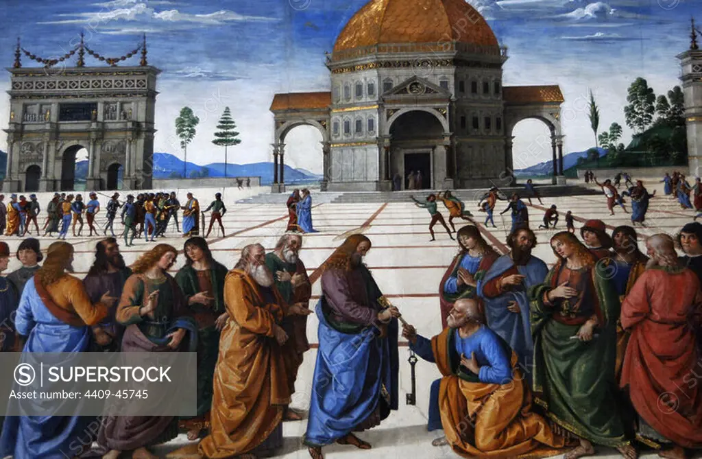 Pietro Perugino (1450-1523). Italian painter. The Delivery of the Keys, 1481-1482. Lateral fresco. Sistine Chapel. Vatican Museums. Vatican City.