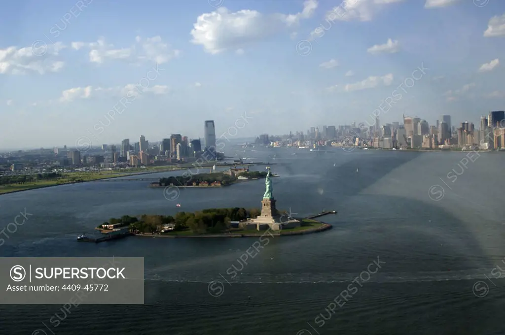 United States. New York. Skyline. First, the Statue of Liberty on Liberty Island.